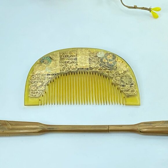 Antique Kyoto Japanese Celluloid Comb & Kanzashi Hair Ornament GS621 main image 5